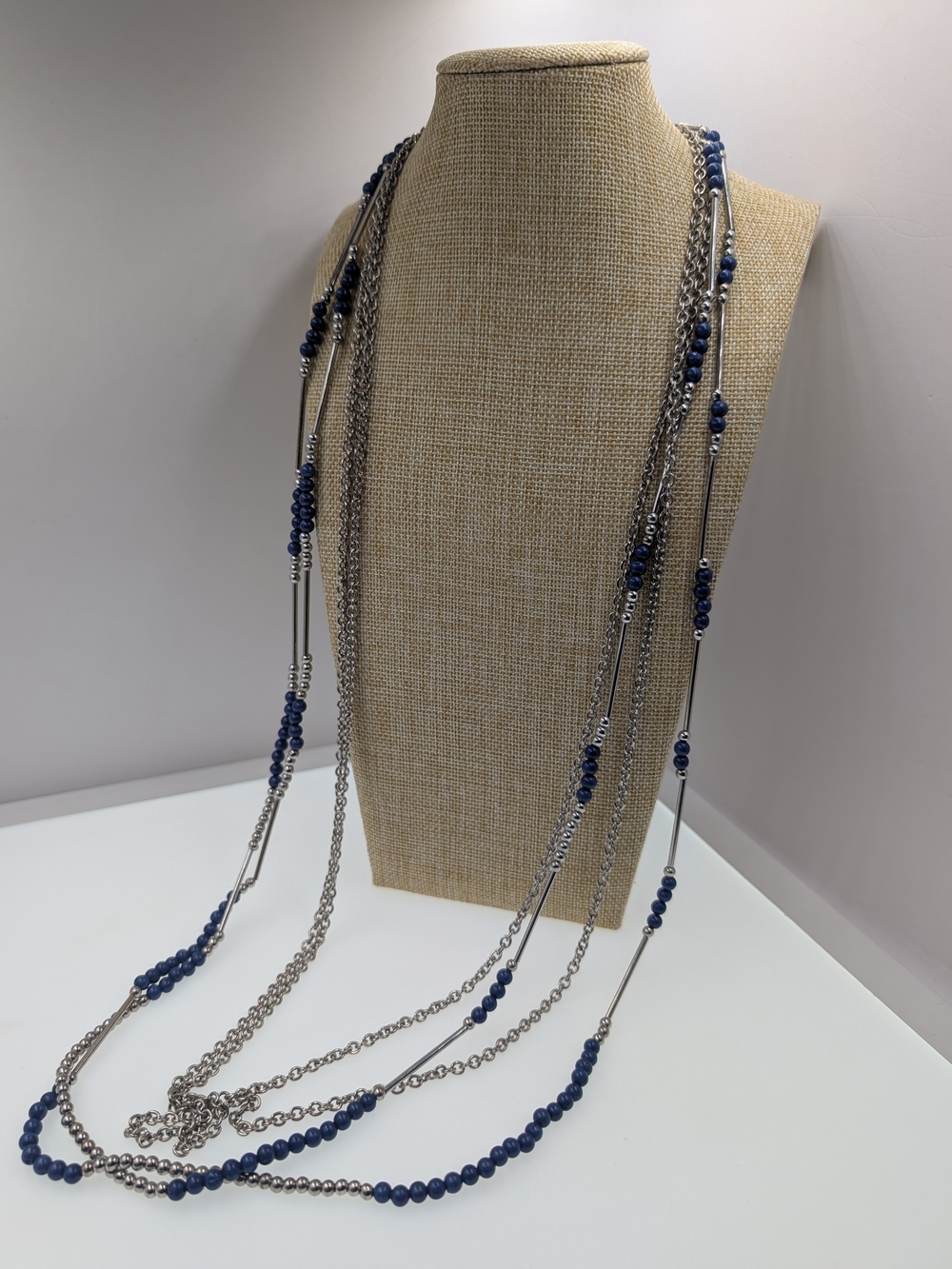Premier Designs Southwestern Liquid Silver Tube & Cobalt Blue Bead Necklace 0413